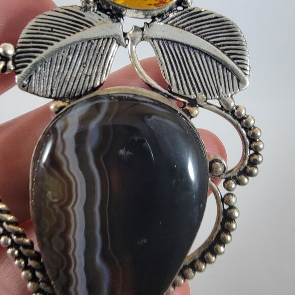 Handmade Silver Pendant with Black Banded Agate & Citrine in Leaf Motif Setting - Picture 8 of 9